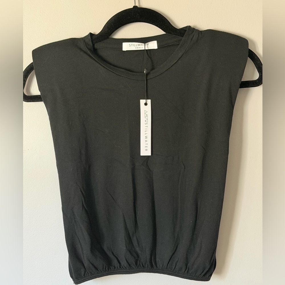 Stillwater Black Muscle Tee Shoulder Pads Cinched Waist Padded Top S